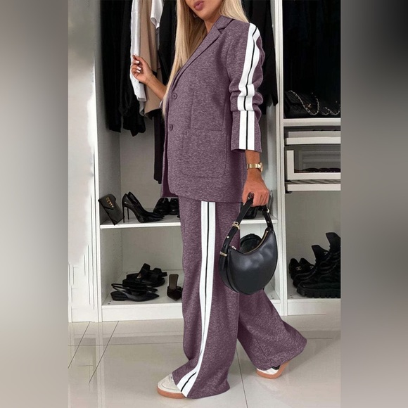 Pants - Set 2 Piece Contrast Lapel Collar Top and Pants Set